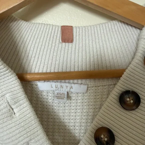 Lunya White Cottonsilk Pocket Henley Waffleknit Sweater XS/S - Picture 5 of 7